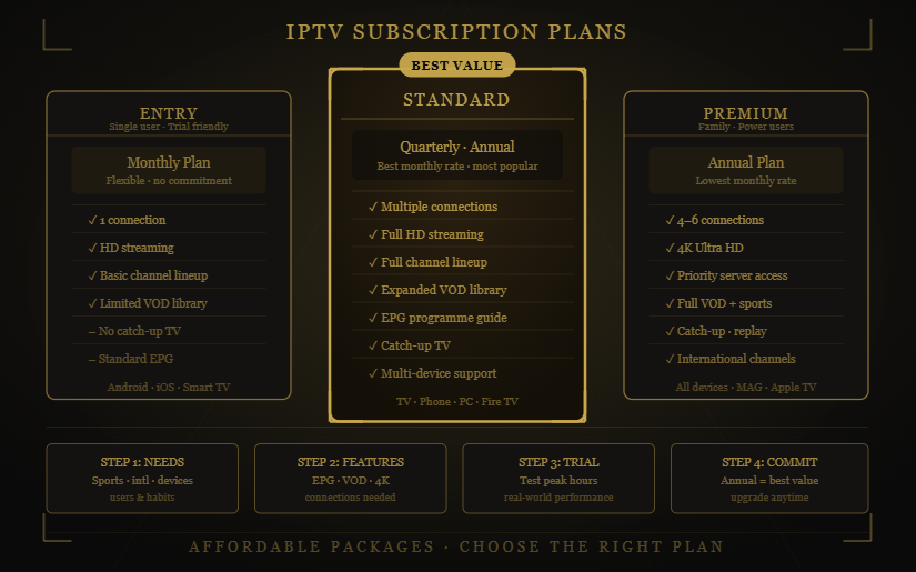 Guru IPTV IPTV subscription plans comparing Entry, Standard, and Premium packages.