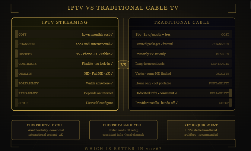 Guru IPTV IPTV versus cable TV comparison chart highlighting features and benefits.