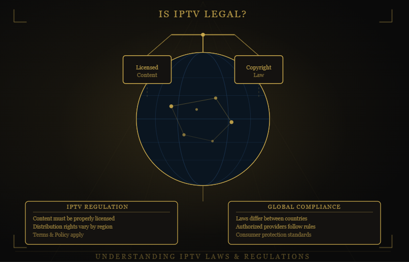 Guru IPTV IPTV legality infographic explaining licensed content, copyright laws, streaming regulations, legal IPTV services, and consumer compliance requirements.