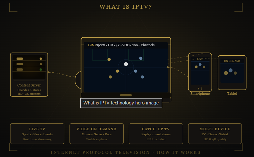 What is Guru IPTV IPTV infographic showing live TV, VOD, catch-up TV, multi-device streaming, and the key features of internet-based television services.